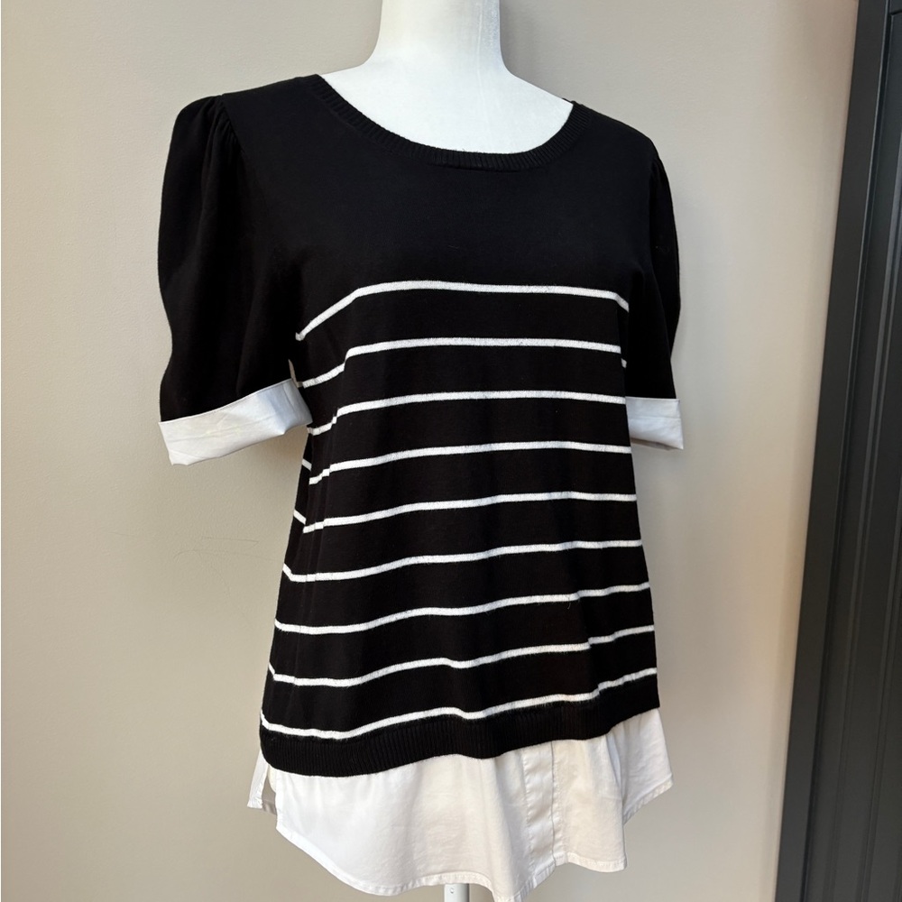 Laundry By Shelli Segal Black and White Striped Short Sleeve Sweater - Picture 2 of 6